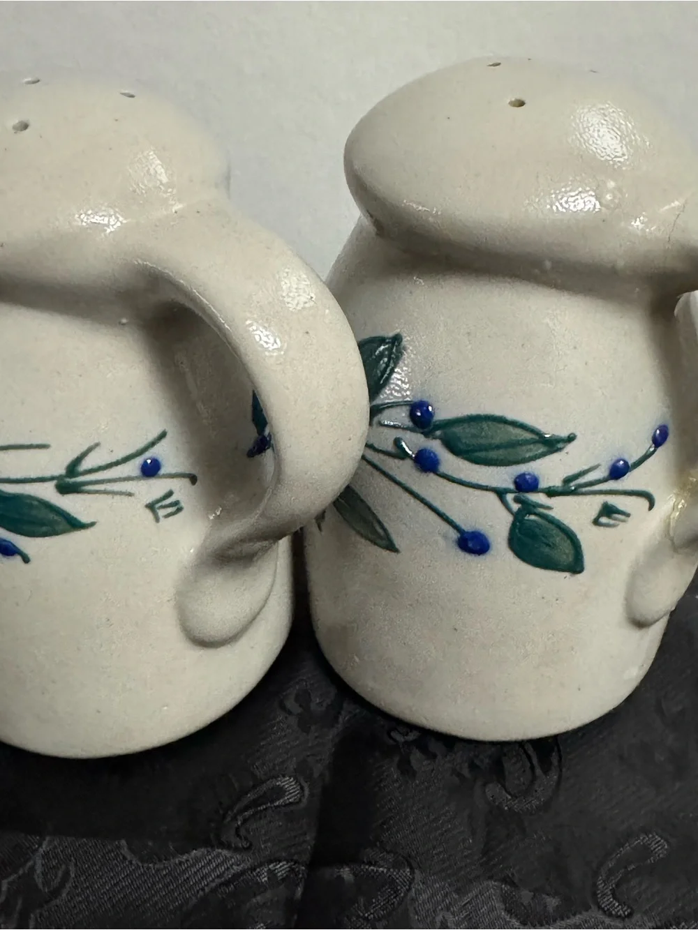 Salmon Falls Stoneware set of Salt & Pepper Shakers ~ Blueberry/Green Vine